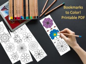 4 Hand Drawn Flower Bookmarks to Color