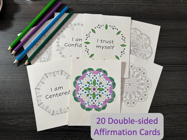 partially colored mandala affirmation cards