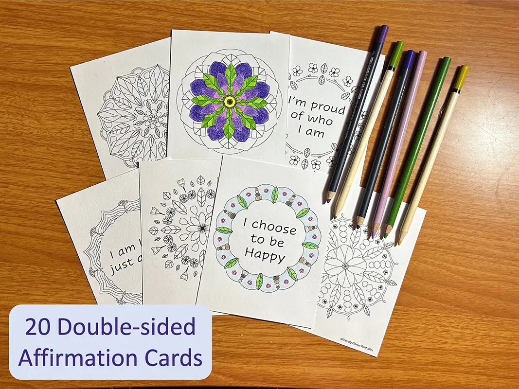 partially colored mandala affirmation cards