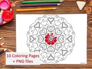 10 Hand Drawn Valentine Hearts Mandala Coloring Pages