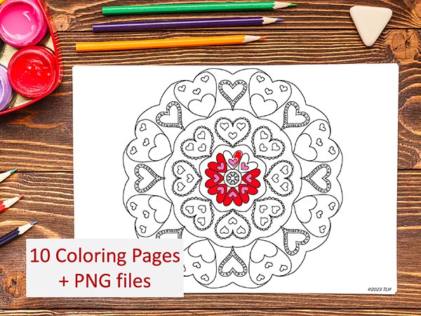 10 Hand Drawn Valentine Hearts Mandala Coloring Pages