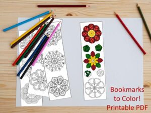 4 Hand Drawn Flower Mandala Bookmarks to Color