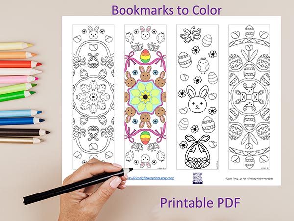 4 Hand Drawn Easter Mandala Bookmarks to Color